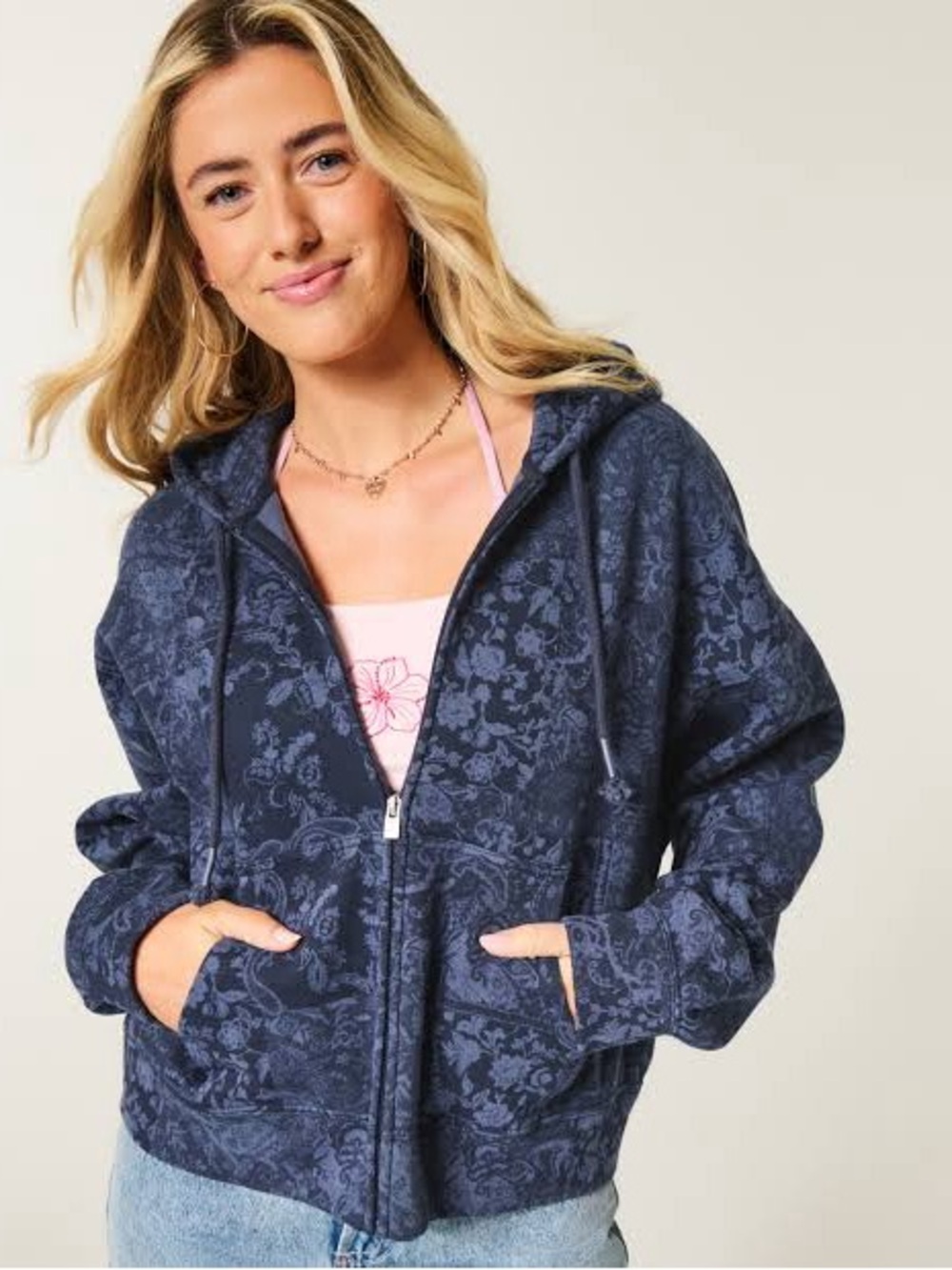 Hollister Oversized Paisley Blue Floral Zip Hoodie